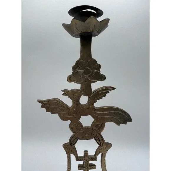 Vintage Brass Candlestick Holder Asian Inspired Bird & Floral Design Decor - Picture 2 of 12